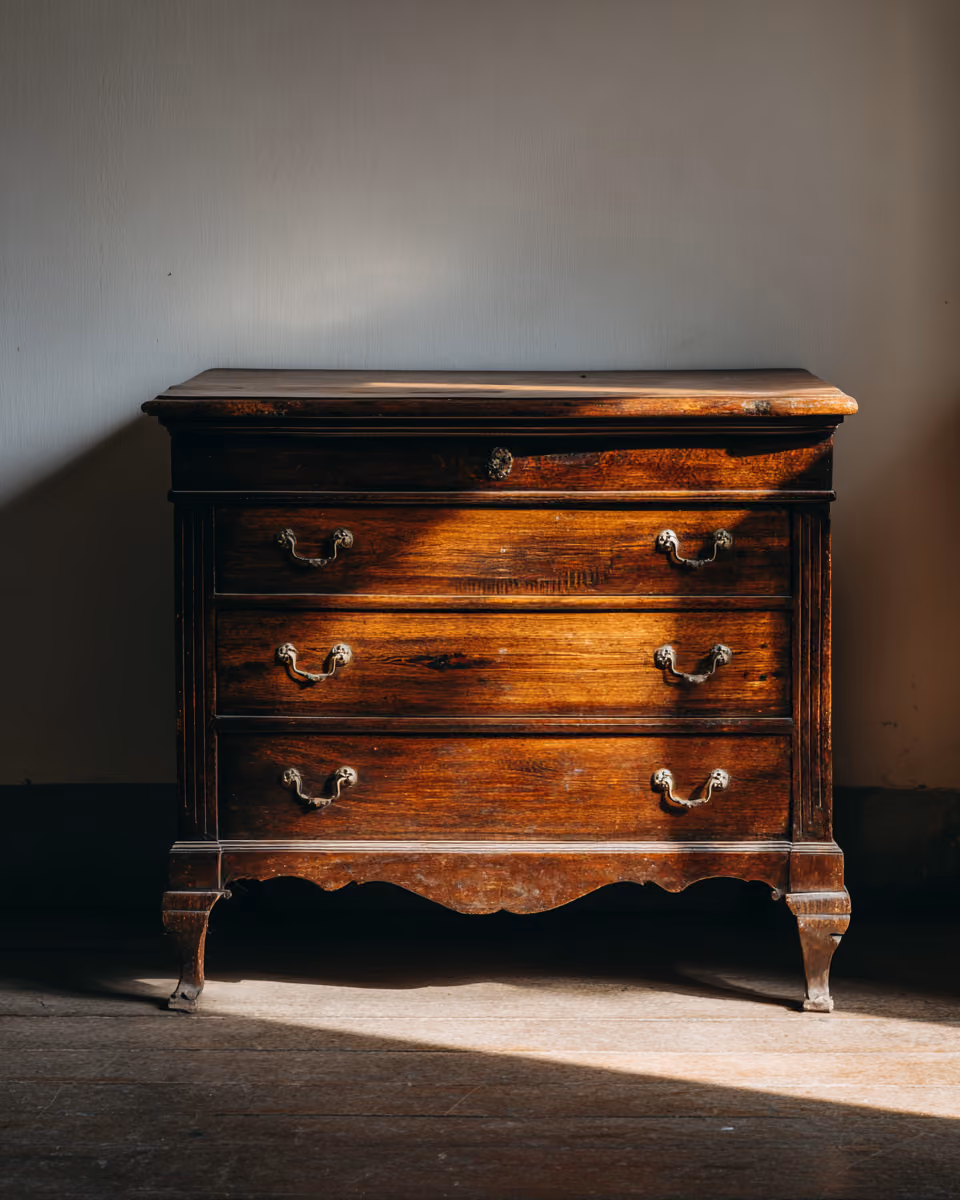 Lo stesso cassettone dopo il restauro, con il piano ripianato e la lucidatura a gommalacca