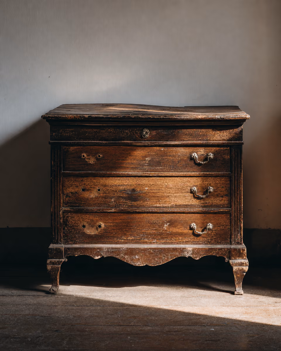 Cassettone in noce con il piano deformato e la vernice sollevata prima del restauro